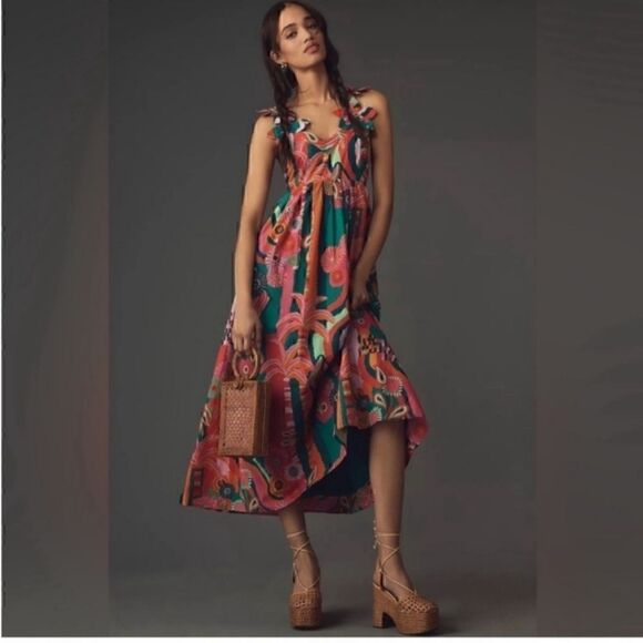 NEW Farm Rio x Anthropologie Pleated Palm Cutout Midi Dress Small - Picture 1 of 4
